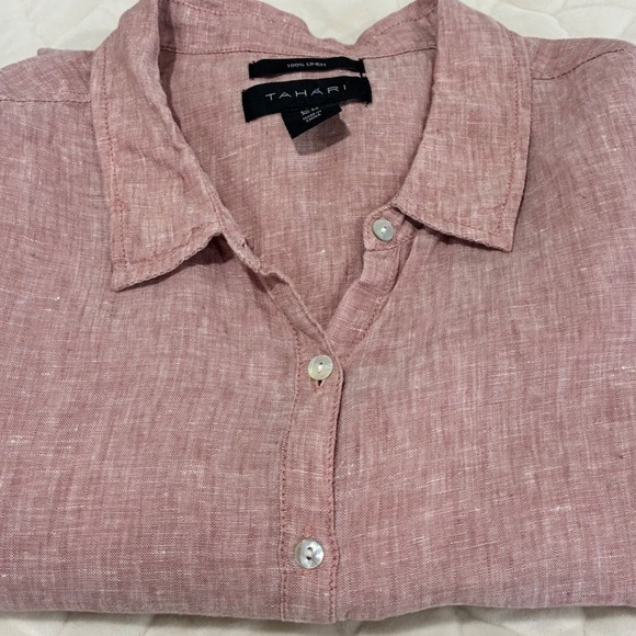 Tahari Women 1X Button Down Shirt Tunk Top Pink 100% Linen Long Sleeve Plus Size - Picture 1 of 9